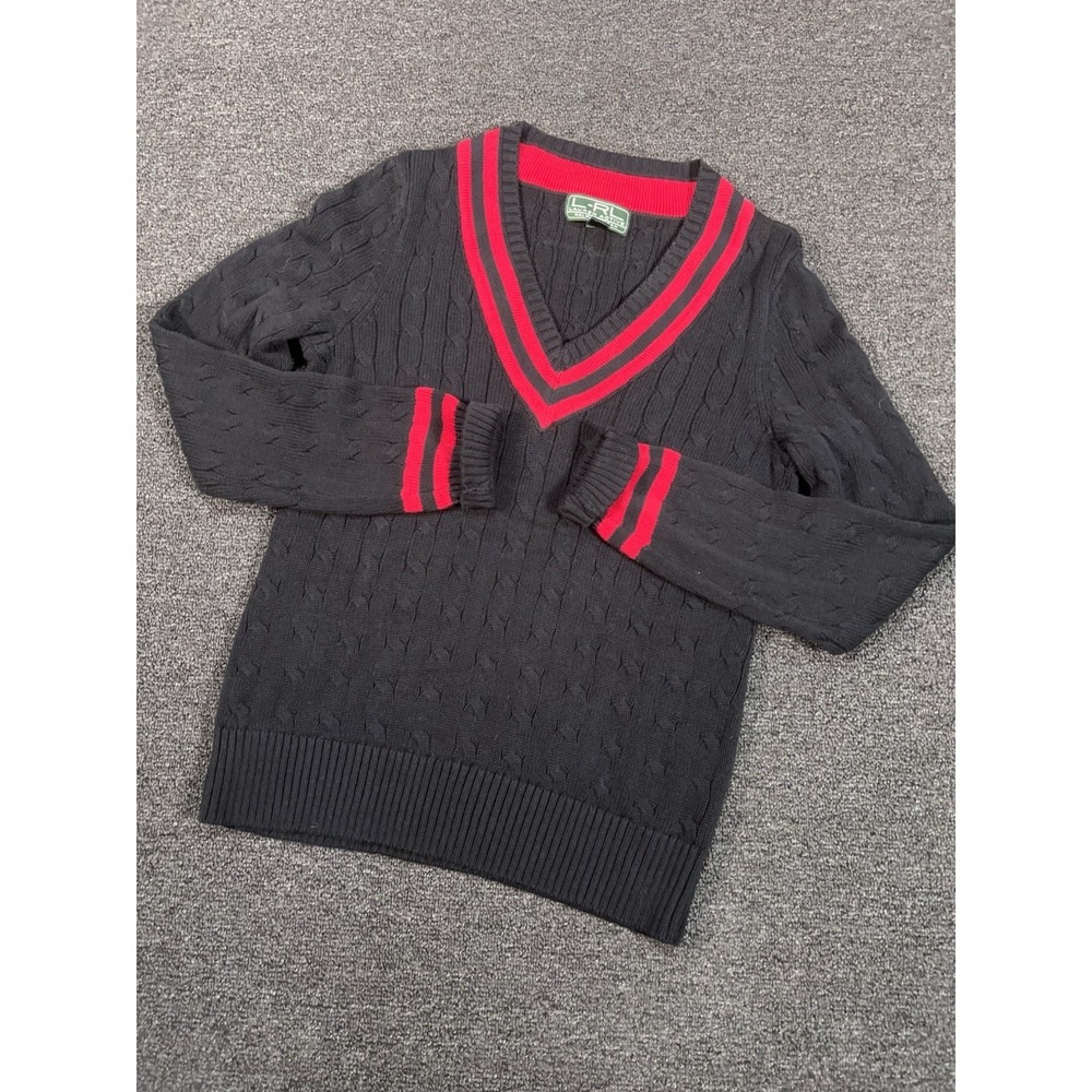 Ralph Lauren Cable Knit Sweater Women Medium Red Tennis Striped Preppy Pullover